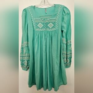 Moreno Tunic Embroidered Top Aqua Bohemian Turquoise Oversize Size S